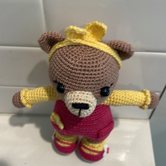 Handcrafted Brownie Bear Doll Figure in Dress Crochet Amigurumi Toy Floral Sunny - Picture 5 of 13